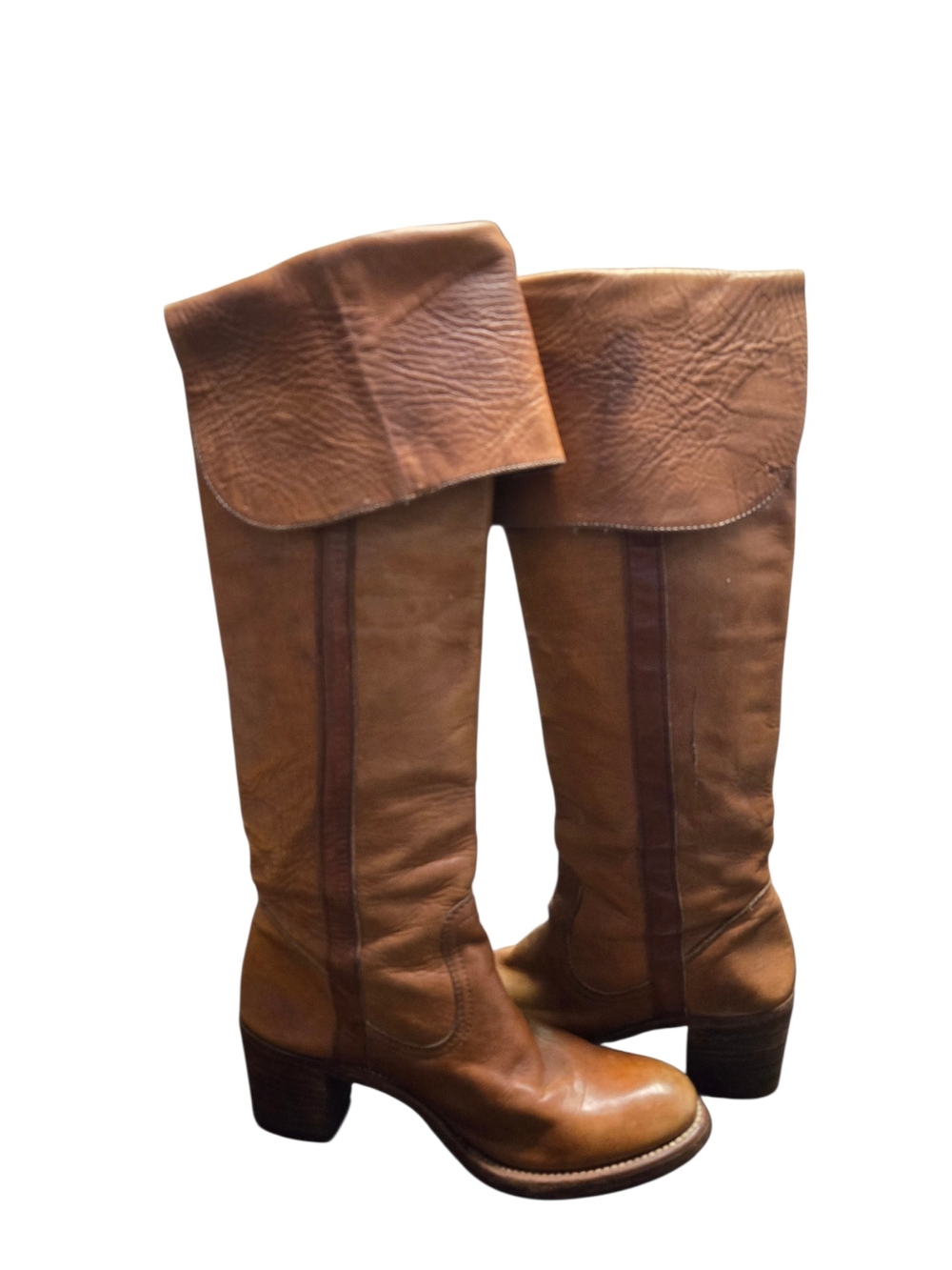 Vintage FRYE USA Leather Tall Cuffed Riding Western Boots Brown 6 1/2 B